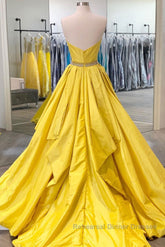 Simple yellow satin long Semi Formal Prom Dresses yellow evening Dresses